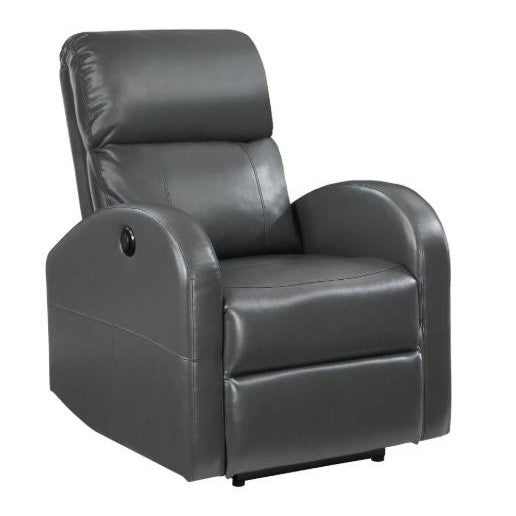 Sleek grey recliner chair with plush cushioning.