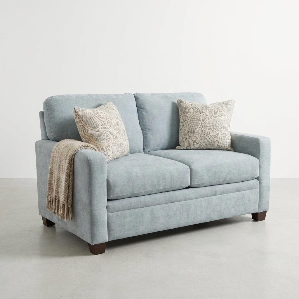Gray sofa with two decorative pillows on a concrete floor.