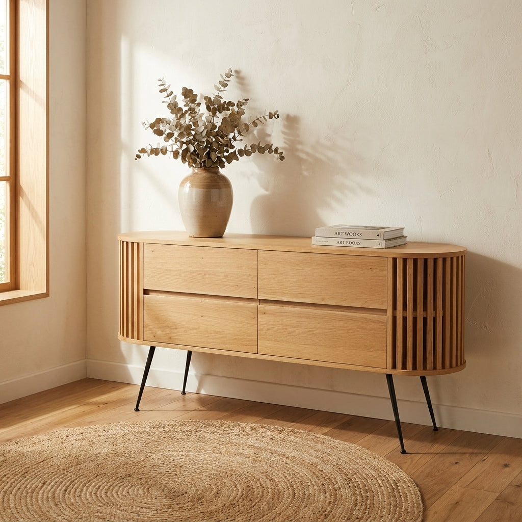 Modern wood sideboard with black metal legs and open shelves.