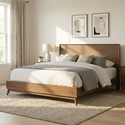 Stylish bedroom with wooden bed, soft bedding, and modern decor.
