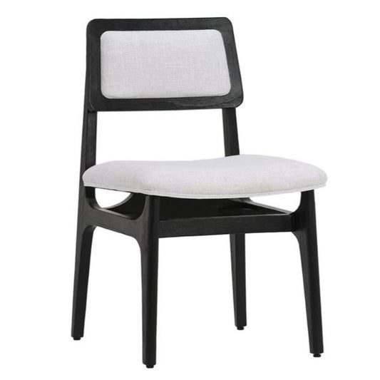 Modern chair with black frame and white cushion.