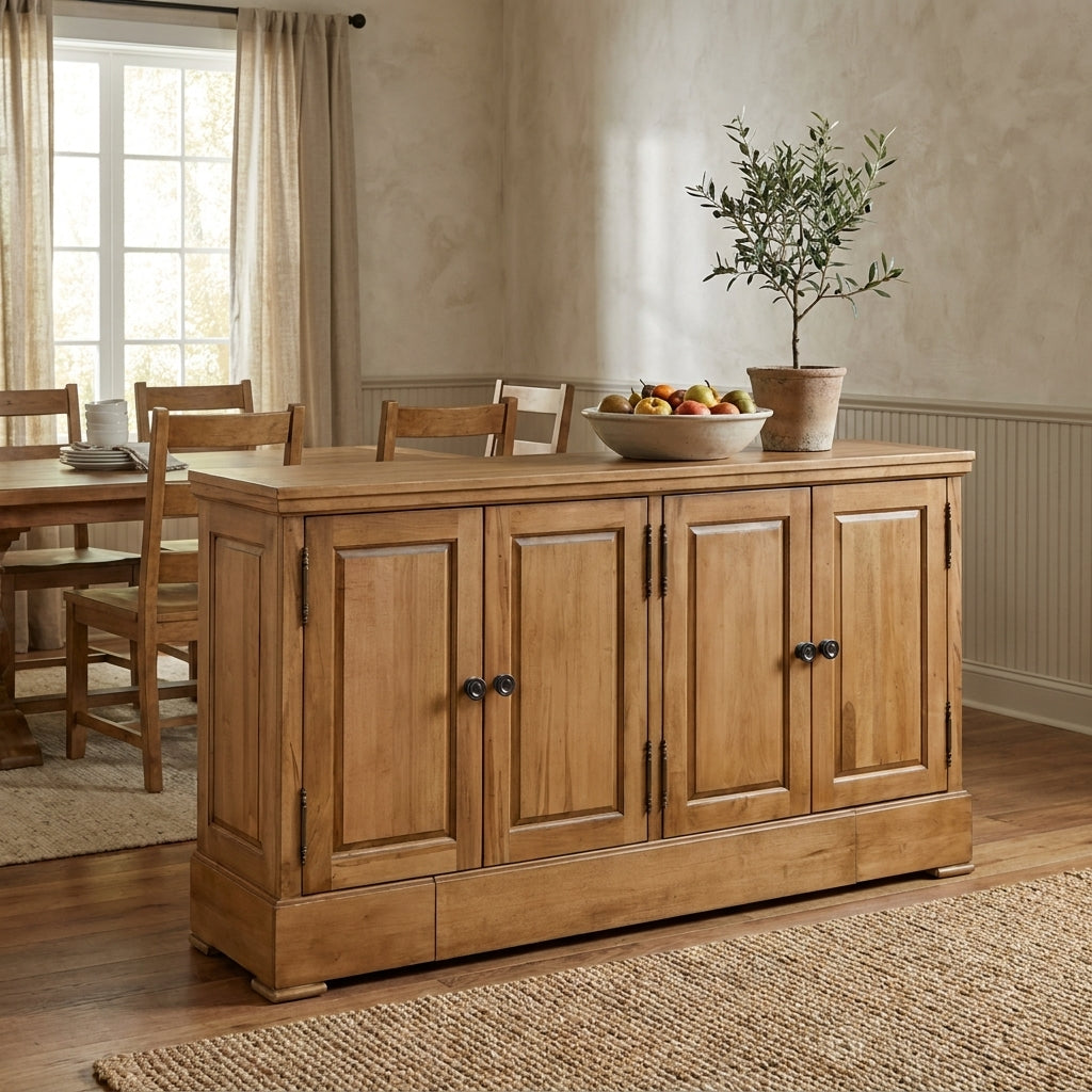 Wooden sideboard with four doors and dark knobs.