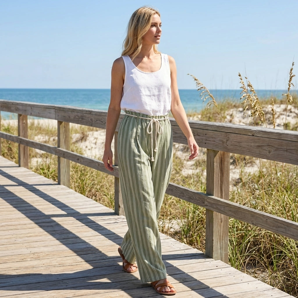 Woman walking on a wooden boardwalk by the sea on a sunny day.