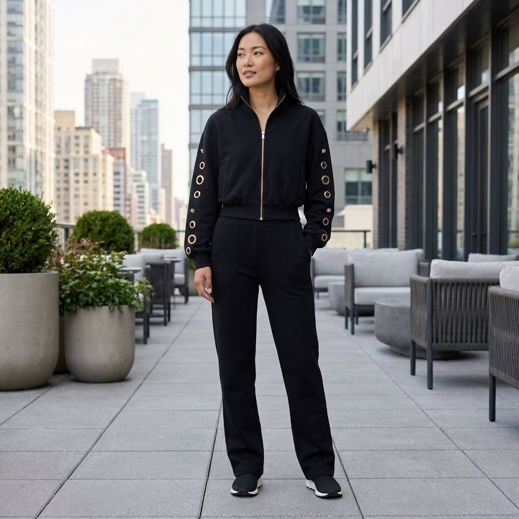 Woman in stylish black outfit on city terrace.