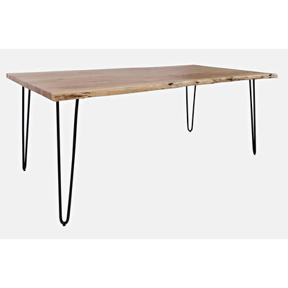Wooden table with black metal hairpin legs.