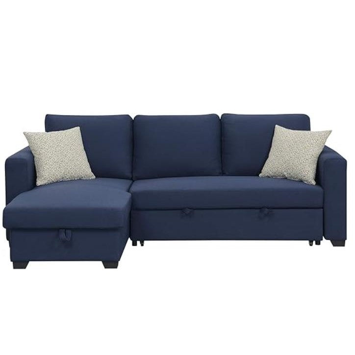 Navy L-shaped sofa with beige cushions.