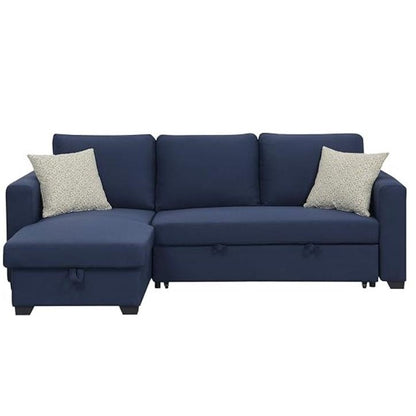 Navy L-shaped sofa with beige cushions.