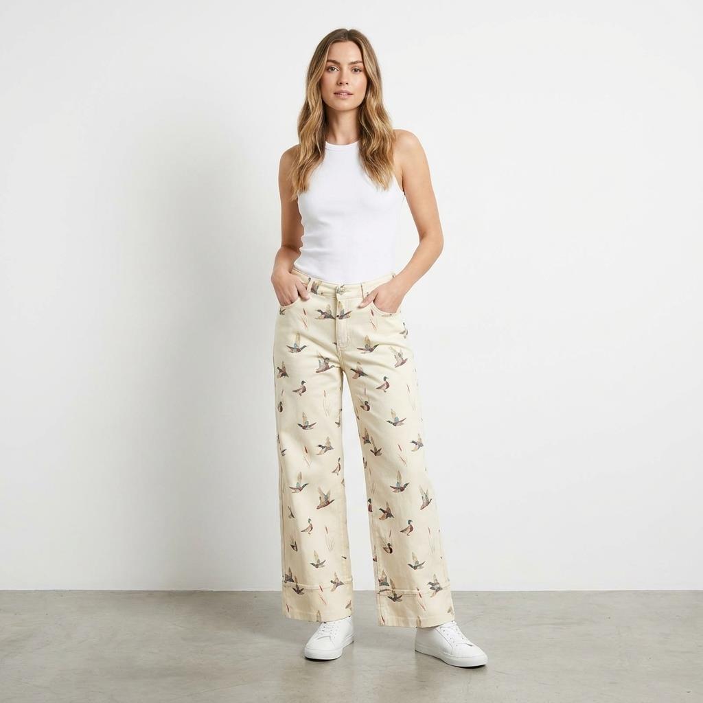 Woman in white top and printed pants standing against a plain background.