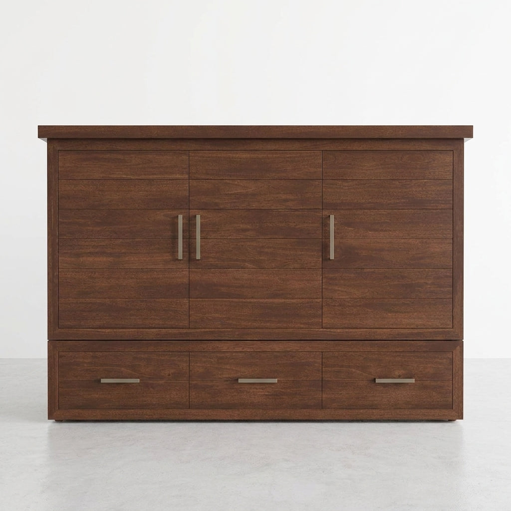 Wooden cabinet with three doors and three drawers.