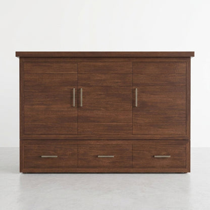Wooden cabinet with three doors and three drawers.