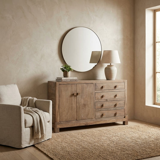 Wooden dresser with four drawers and a double-door cabinet.