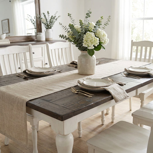 Rustic table with dark wood top and white turned legs.