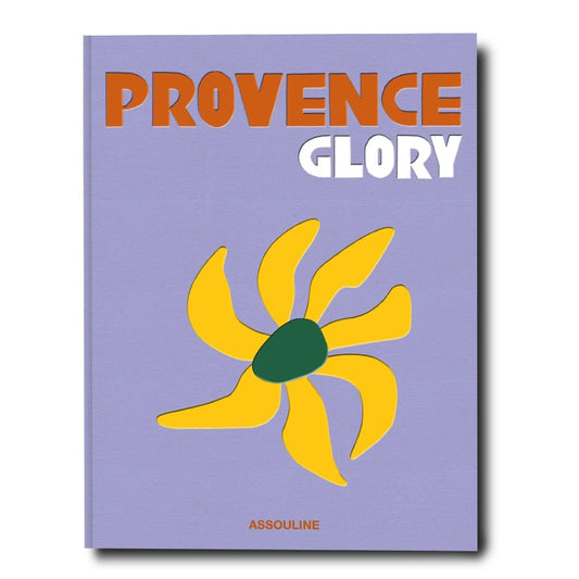 Book cover: "Provence Glory" with abstract yellow flower on purple background.