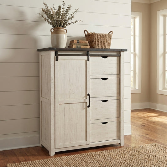 White cabinet with four drawers and a sliding door.