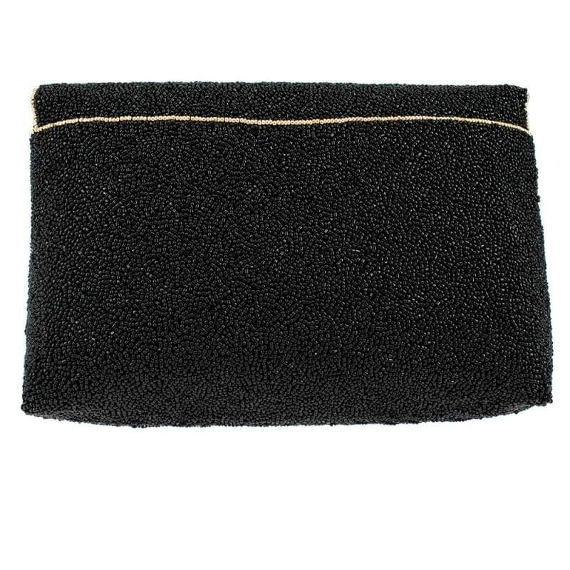 Black beaded clutch with subtle gold trim.