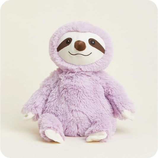 Cute lavender sloth plush with a happy face.