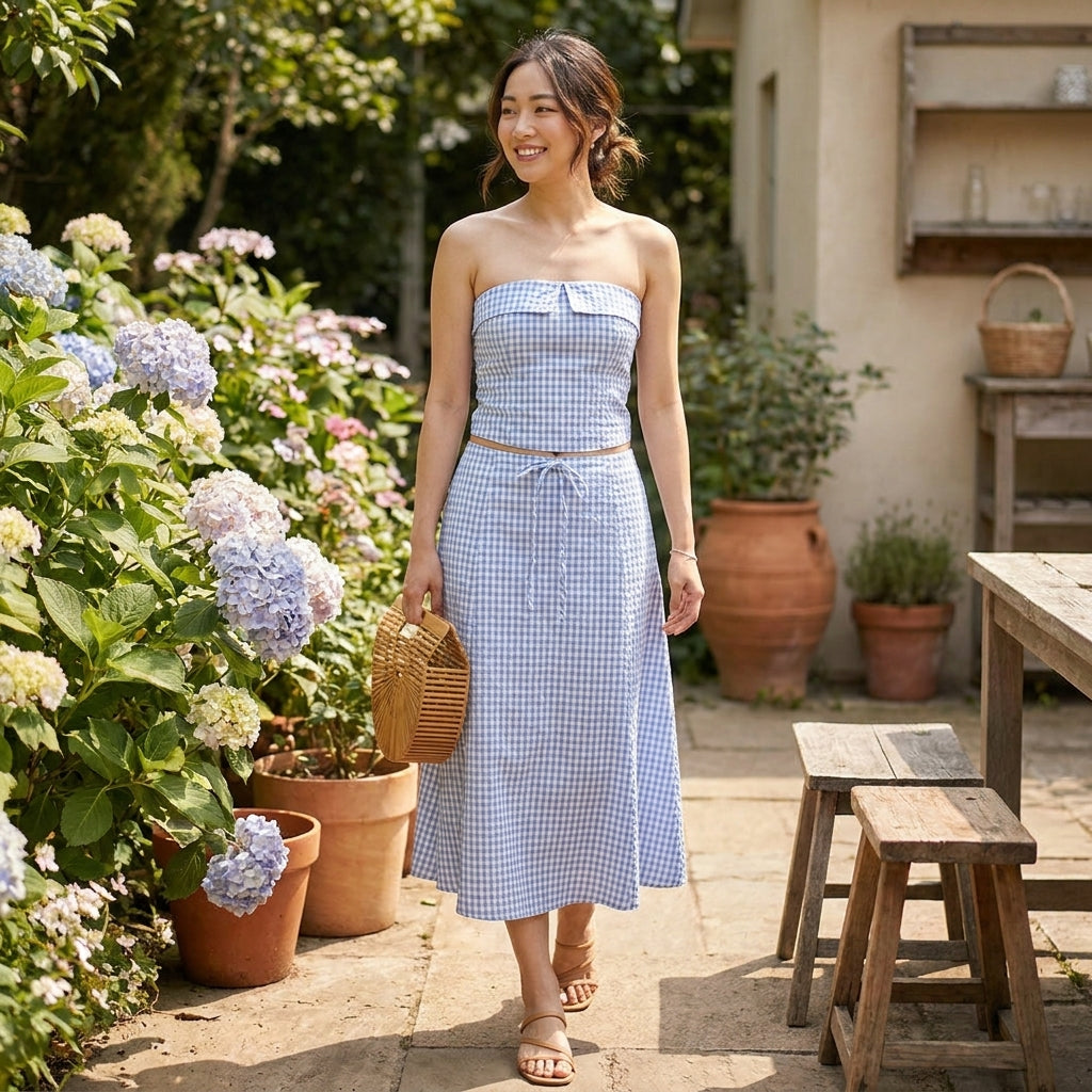 Woman in blue checked dress walking in a garden with hydrangeas.