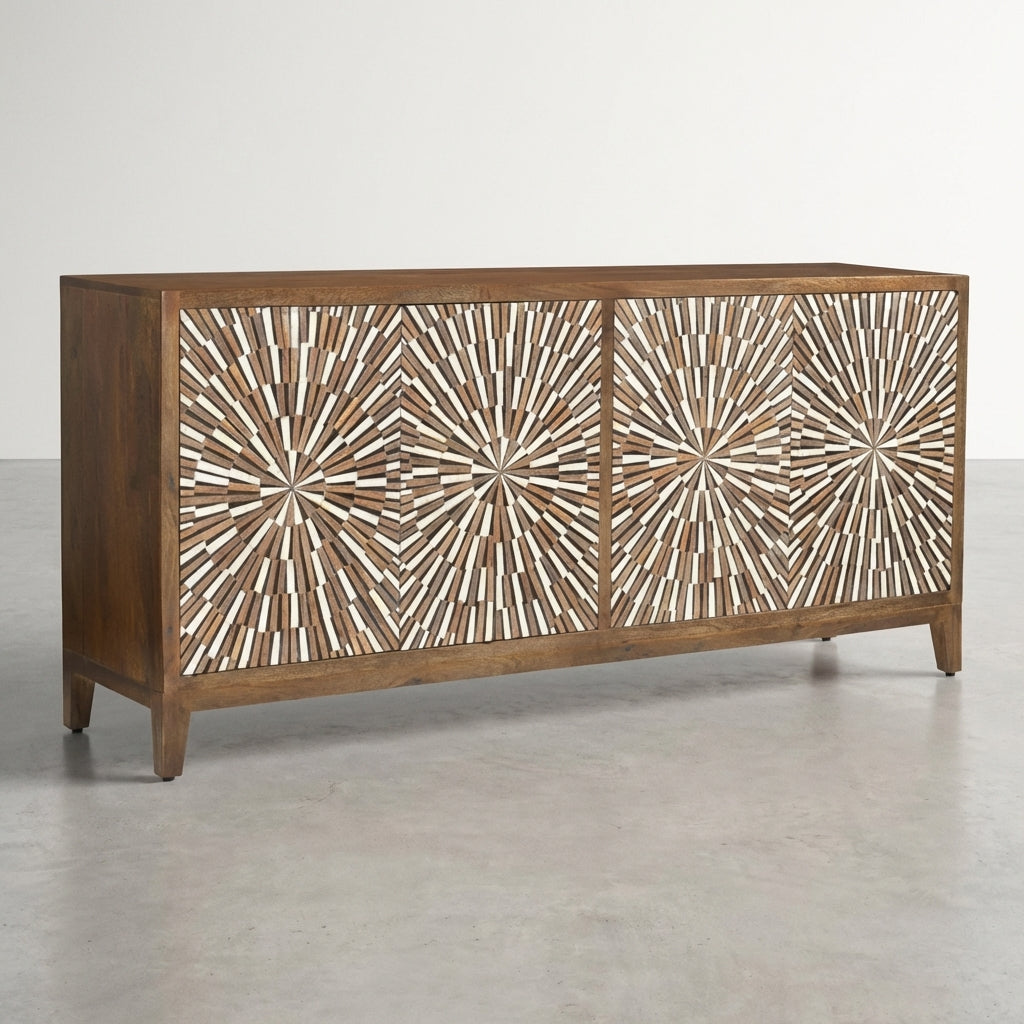 Wooden cabinet with open doors and geometric design.