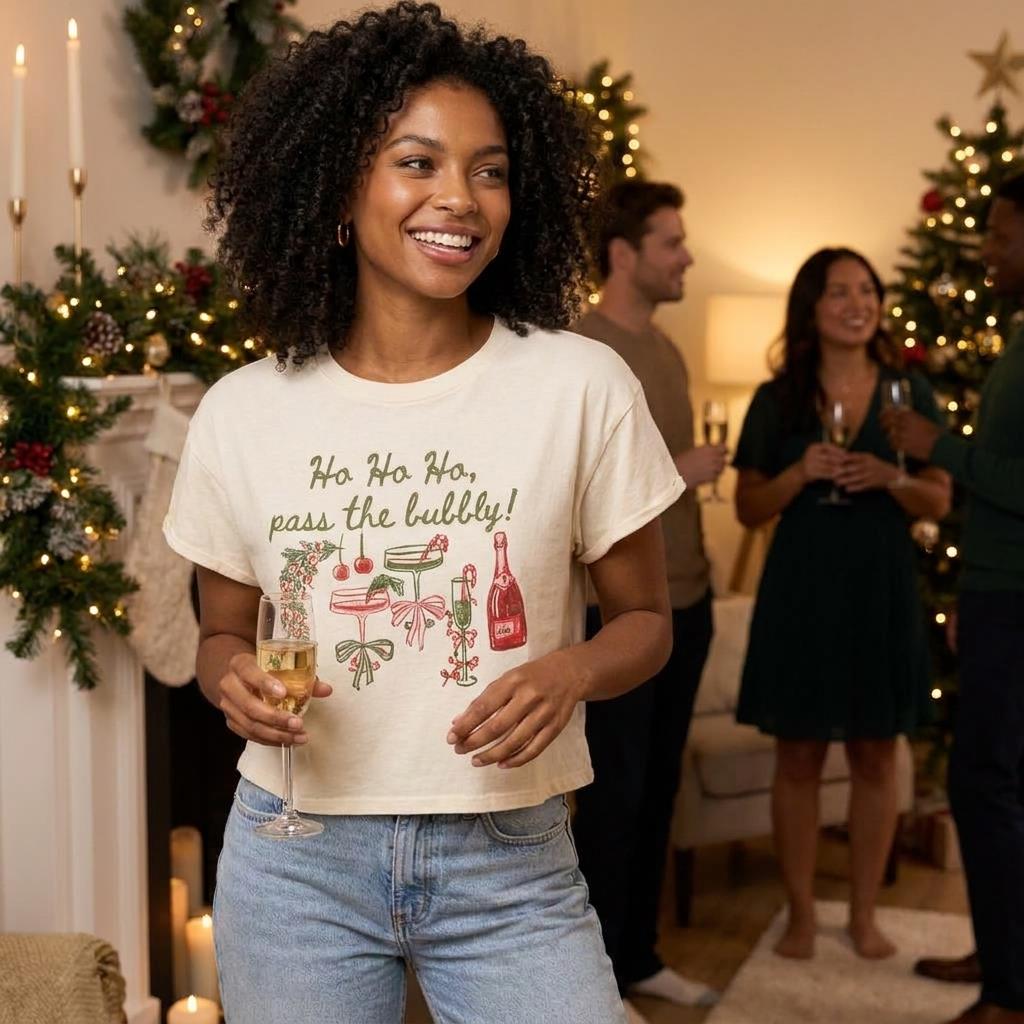 A smiling woman holds a glass at a festive holiday gathering.