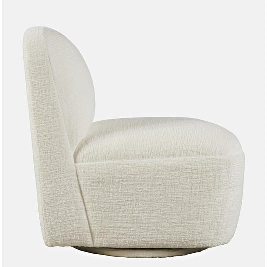 Side view of a plush, white swivel chair.