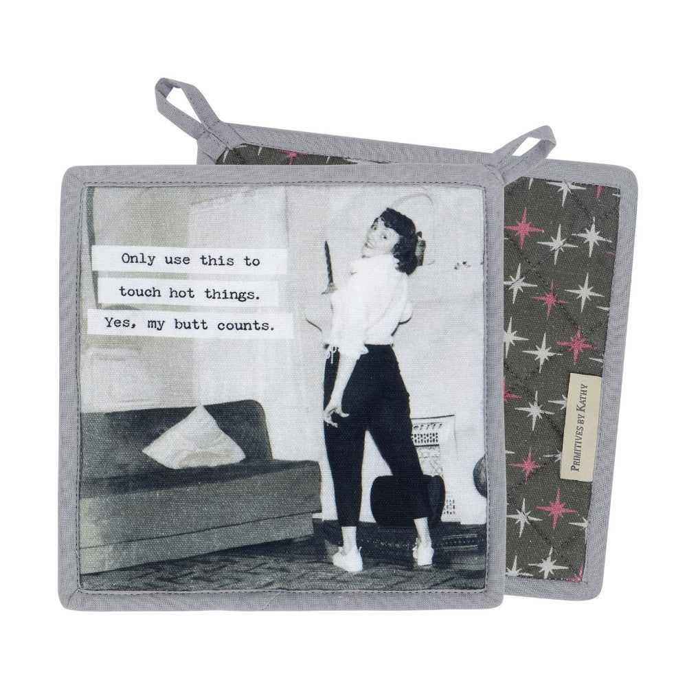 Retro-style pot holder with humorous text about using it on hot things.