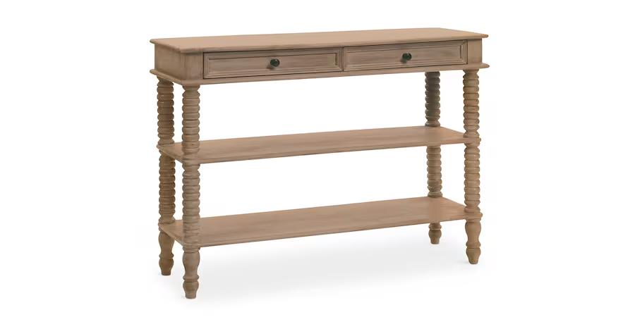 Wooden console table with spiral legs and three shelves.