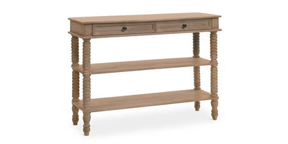 Wooden console table with spiral legs and three shelves.