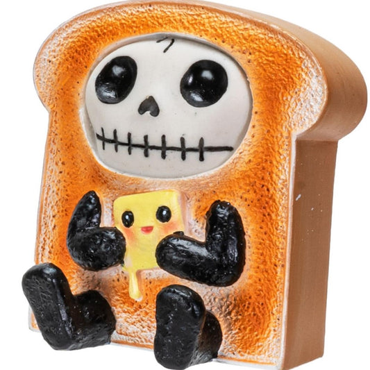 Skeleton toast figure holding a smiling butter pat.