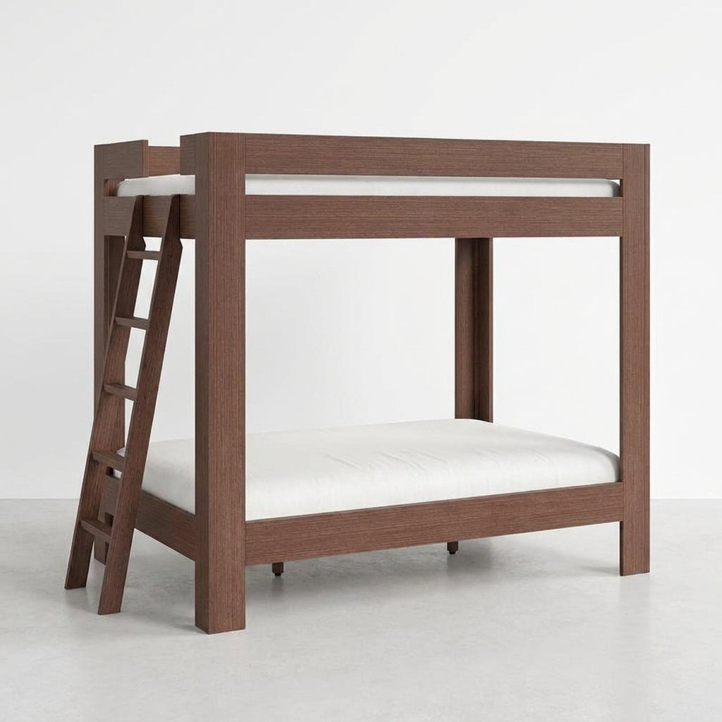 Wooden bunk bed with ladder on a white background.
