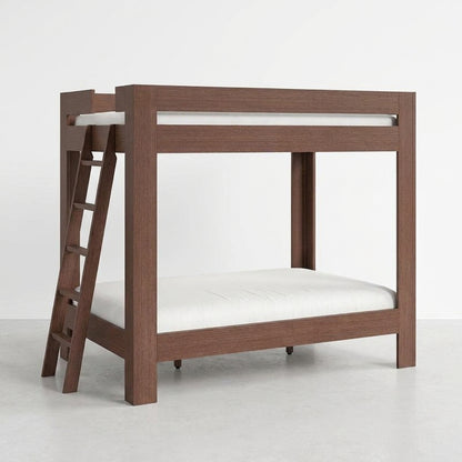 Wooden bunk bed with ladder on a white background.