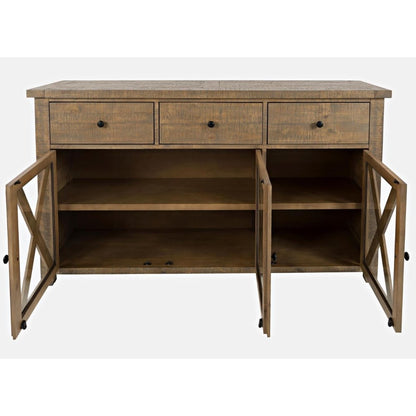 Wooden sideboard with three drawers and open doors revealing shelves.