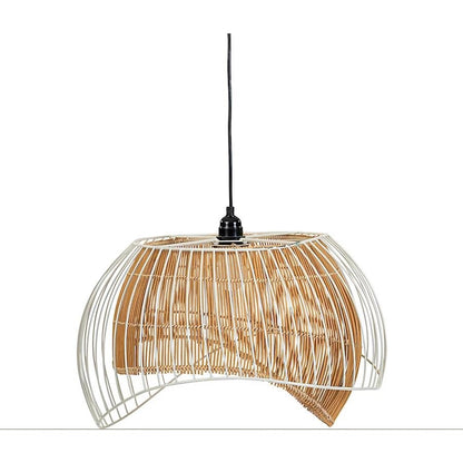 Modern pendant light with a woven wicker design.