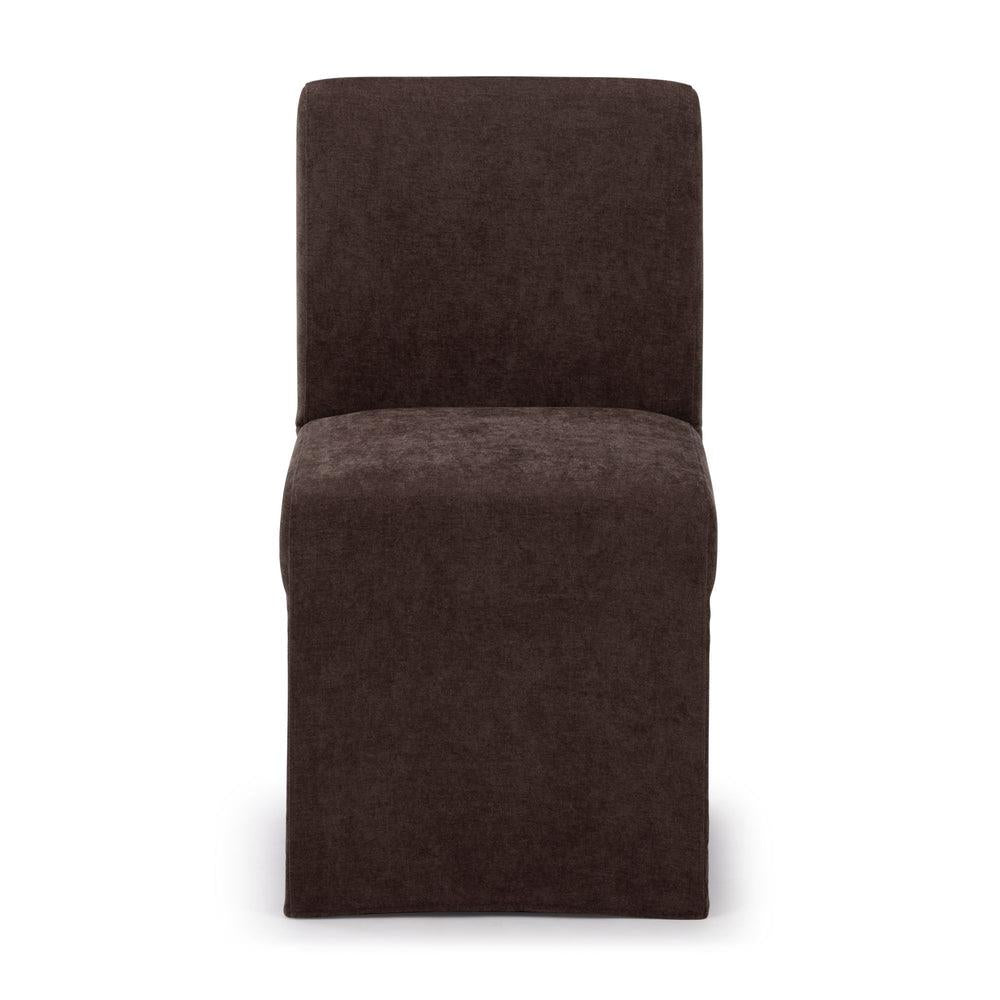 Dark brown, modern armless chair with a plush surface.