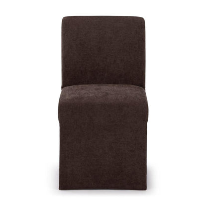 Dark brown, modern armless chair with a plush surface.