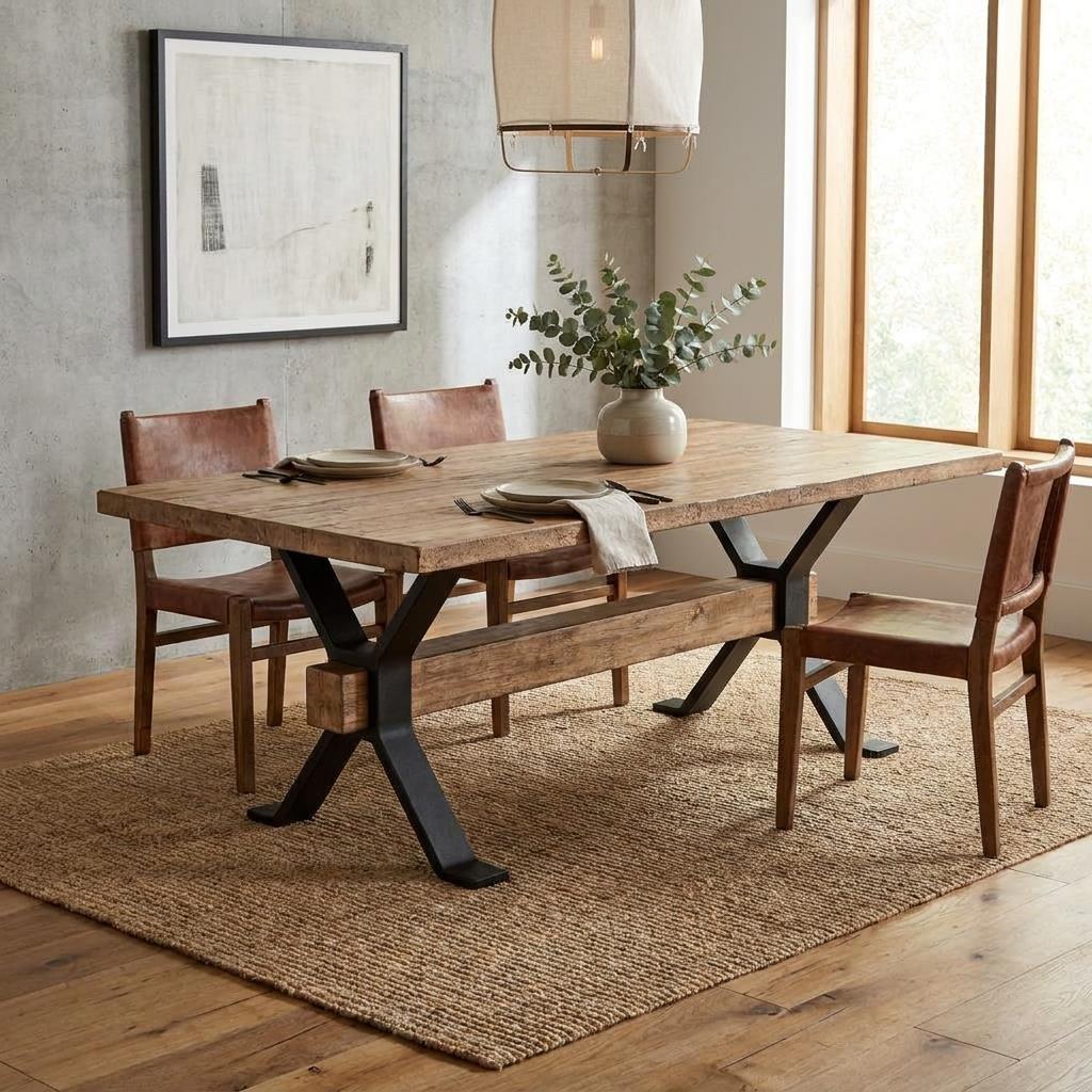 Wooden dining table with sturdy black legs.