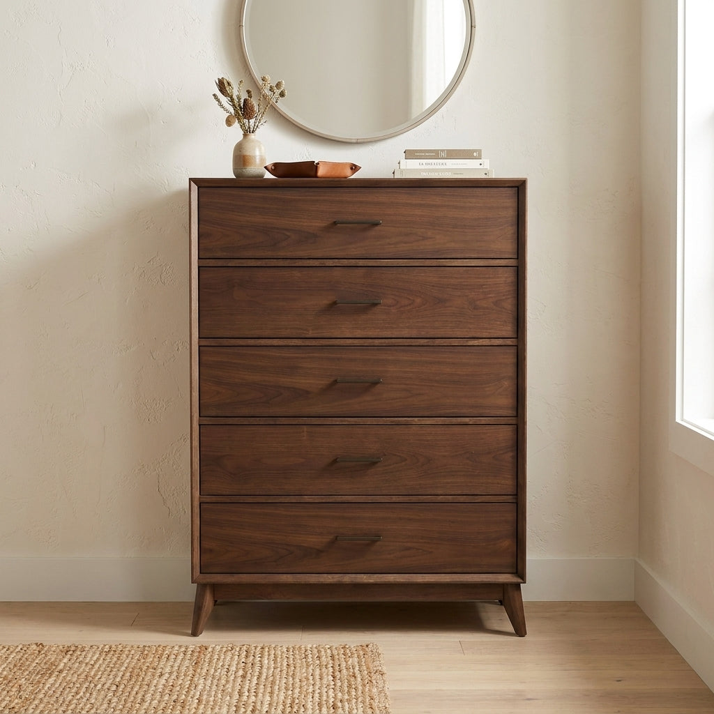 Mid-century modern walnut dresser with five drawers.