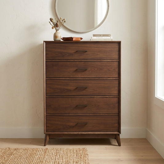 Mid-century modern walnut dresser with five drawers.