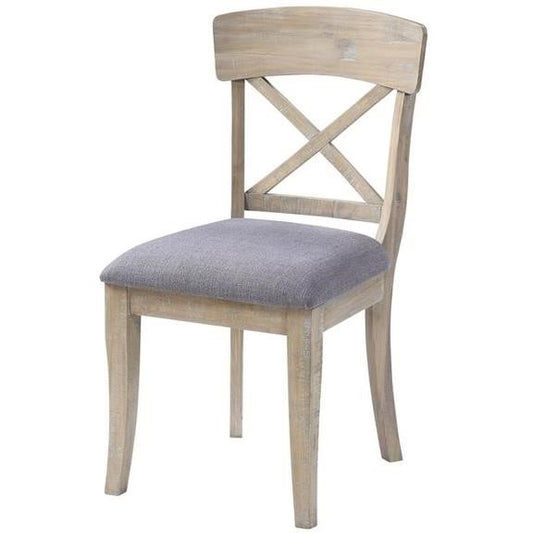 Wooden chair with an X-back and a gray cushioned seat.