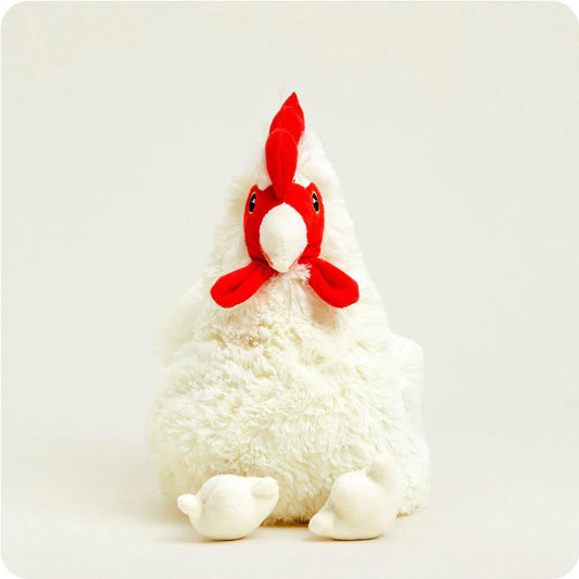 Fluffy white rooster plush with red comb and wattles.