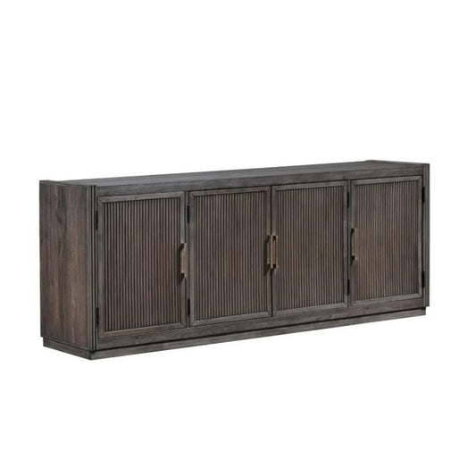 Dark wooden sideboard with ribbed doors and metal handles.