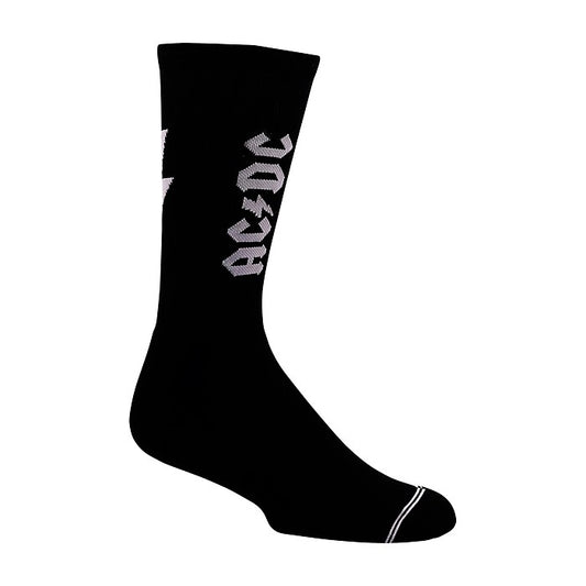 Black sock with white logo and stripes.