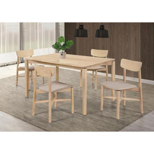 Modern dining set with light wood table, four chairs, and a green plant centerpiece.