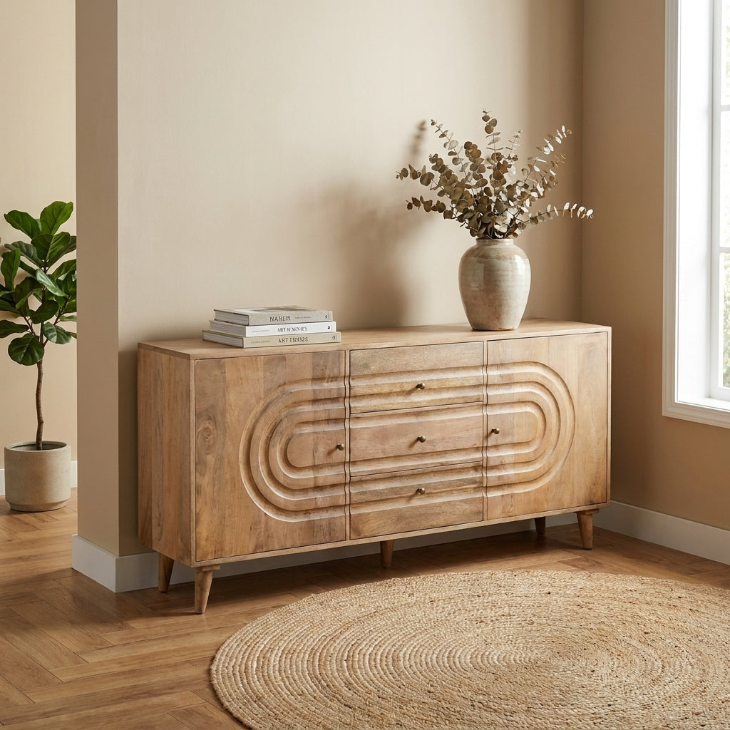 Wooden sideboard with circular drawer design and tapered legs.