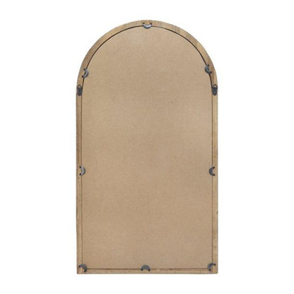 Arched mirror with a wooden back frame.