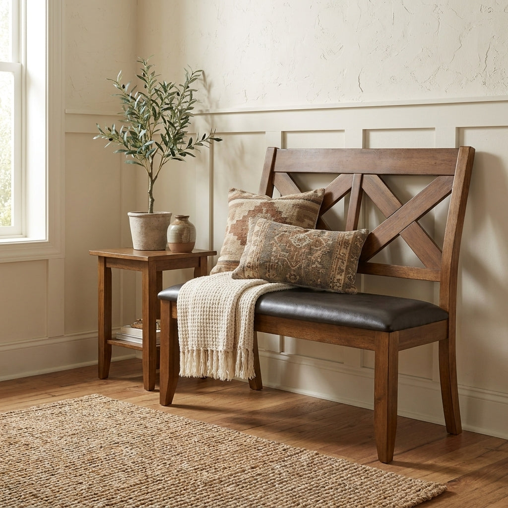 Wooden bench with cross-back design and cushioned seat.