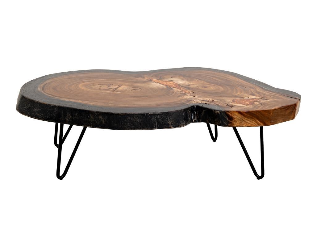 Live edge wooden coffee table with black metal legs.