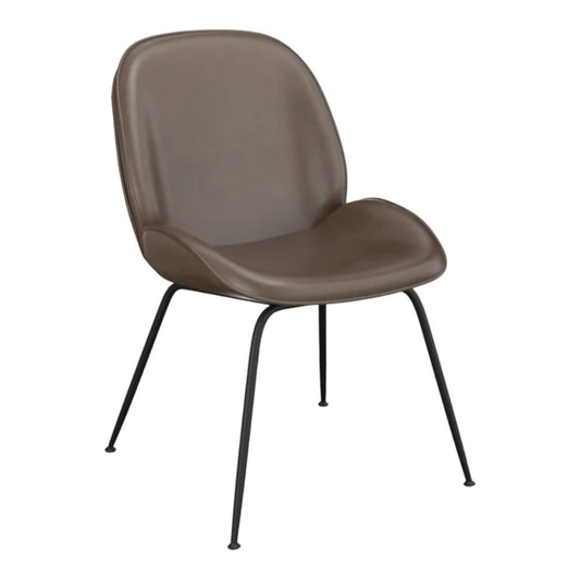 Modern brown chair with black metal legs.