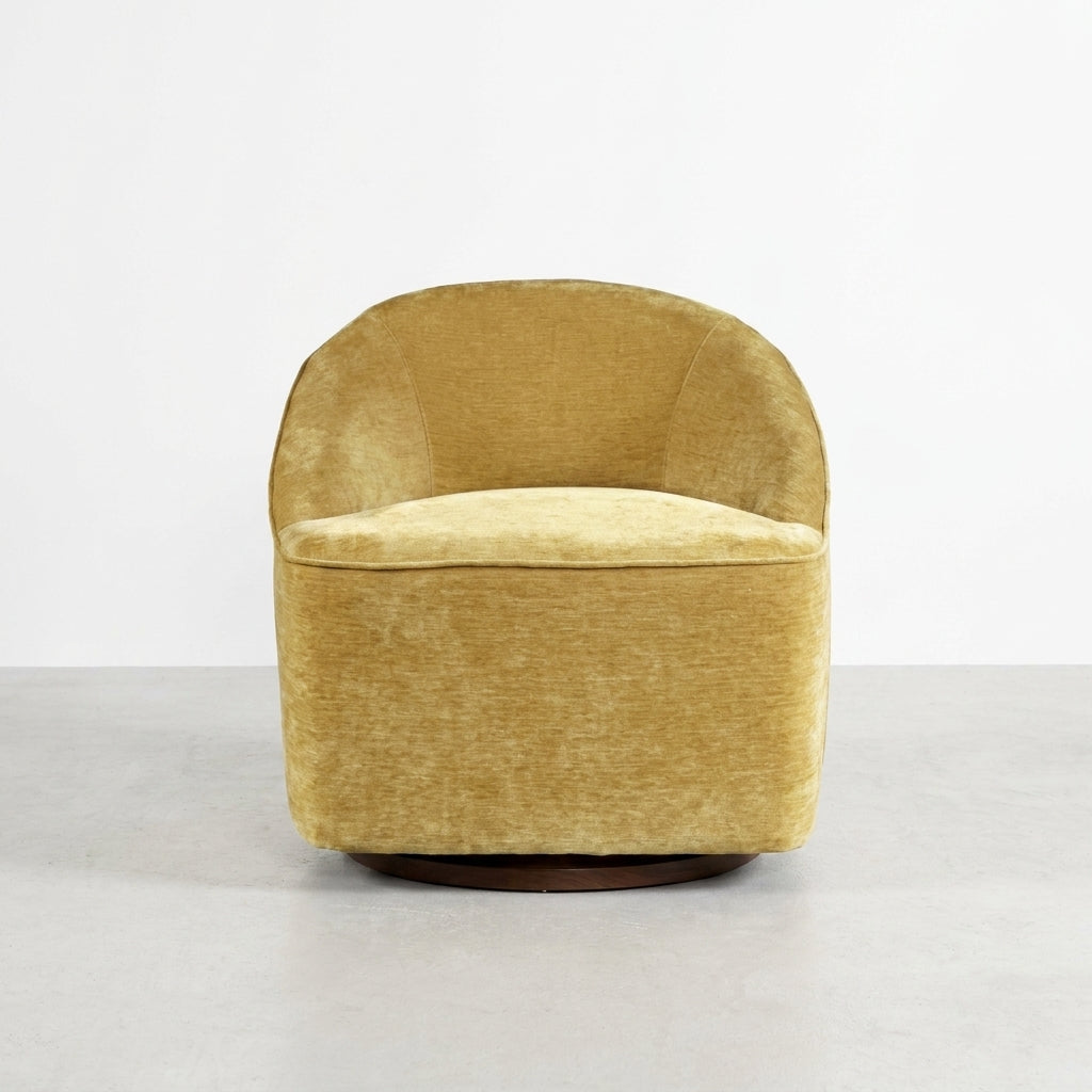 Tan swivel chair with a modern design, viewed from the back.