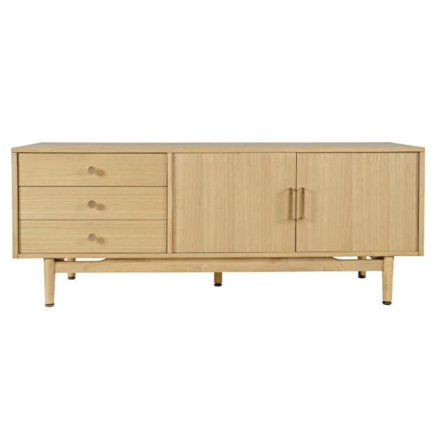 Light wood sideboard with three drawers and two doors.