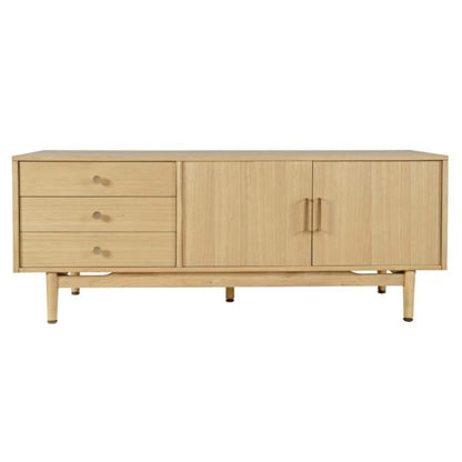 Light wood sideboard with three drawers and two doors.